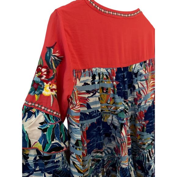 John Mark Floral Embroidered Split Neck Ruffled 3/4 Sleeve Tunic Red Size Small - Picture 10 of 10